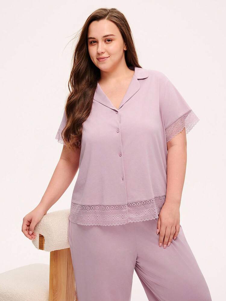 夏用レディースプラスサイズ 通気性抜群 100%コットン ミスティーフォレストスタイル ピンクパープル レース エレガントトリム ブライダルインナー 半袖ボタンアップトップ&パンツ エアリーラウンジウェア パジャマセット ポケット付きパンツ ランジェリー ロマンチック ホームコージー ブライダルインナー