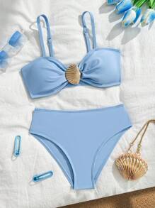 Conjunto de bikini de color liso sencillo para niñas, con adorno de concha, apto para verano, natación, vacaciones y playa