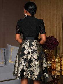 Lunelith SHEIN Lunessa 女士蕾丝提花拼接 V 领系带优雅中长连衣裙 - 黑色 - 查看 2