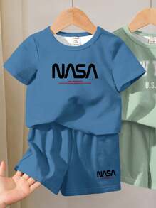 2pcs/Set Summer Kids Boys' Casual Letter Print Round Neck T-Shirt & Shorts Set