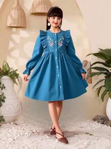 SHEIN Tween Girl Casual Flower Embroidered Ruffle Hem Dress, Autumn,Holiday Summer Travel - Teal Blue - View 1
