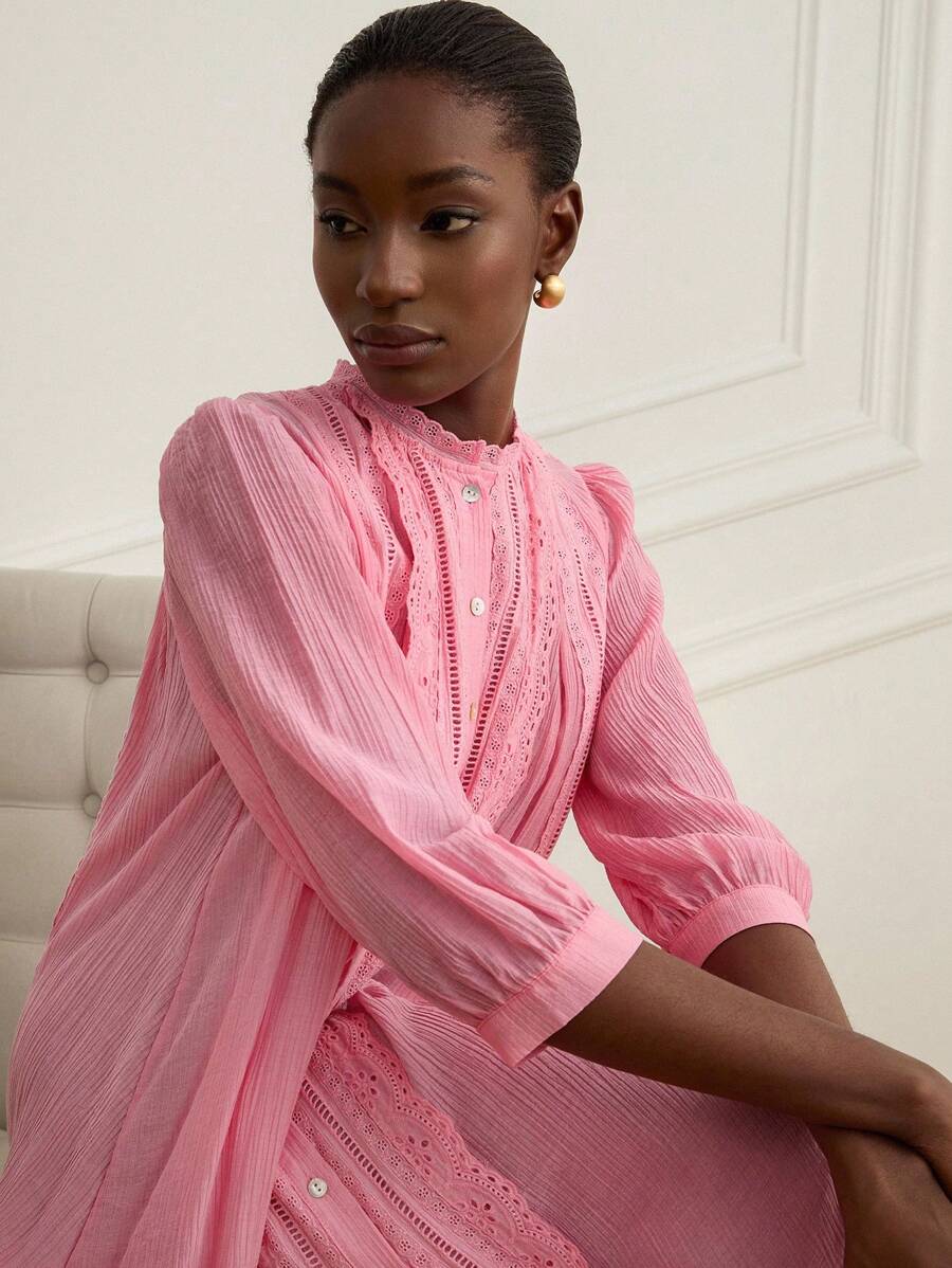 BELROSIE Elegant Soft Pink Long Dress For Women,Autumn Lace Trim Decor Open-Front 3/4 Lantern Sleeve,Lightweight Luxury & Chic Brunch Beach Holiday Style - Watermelon Pink - View 1