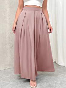 Firerie Falda larga plisada de talle alto en gris con bolsillos, cintura elástica, para otoño y vuelta al colegio, tallas grandes para mujer - Rosa vieja - Ver 3