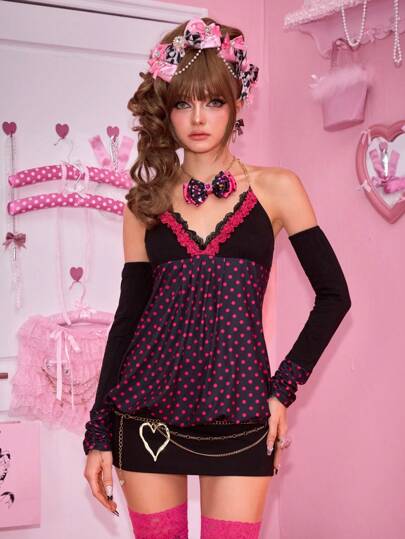 J-Fashion Women's Polka Dot Print Splicing Lace Halter Short Dress With Arm Sleeves