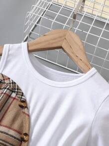 SHEIN 年轻女孩不对称格子拼接短袖休闲连衣裙，度假，夏季，旅行