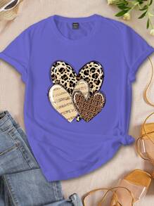 INAWLY 女式豹纹心形图案圆领短袖休闲修身 T 恤，夏季 - 紫色 - 查看 1