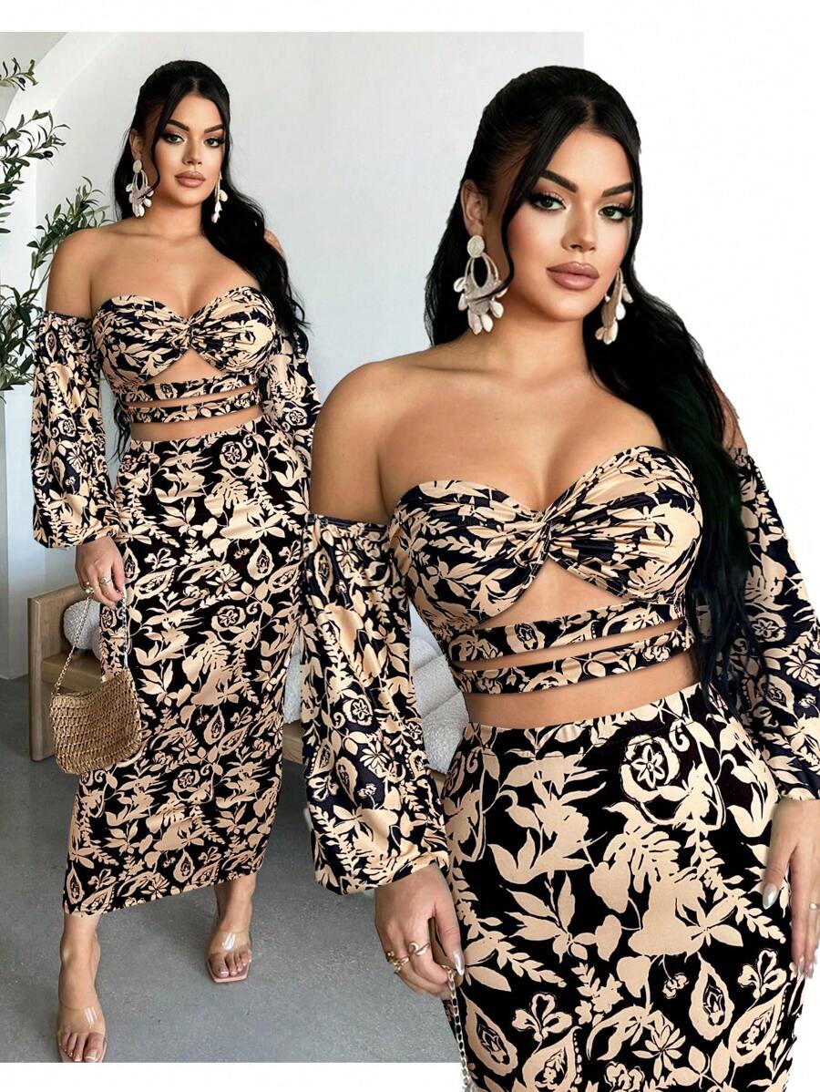 SHEIN SXY 休闲时尚全身印花性感露肩女式上衣 - 黑色 - 查看 1