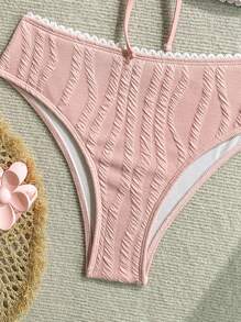 Swim Mod 女士白色纹理面料镂空胸前蝴蝶结蕾丝花边高腰三角裤，时尚、优雅、可爱比基尼两件套比基尼套装 - 淺粉色 - 查看 7