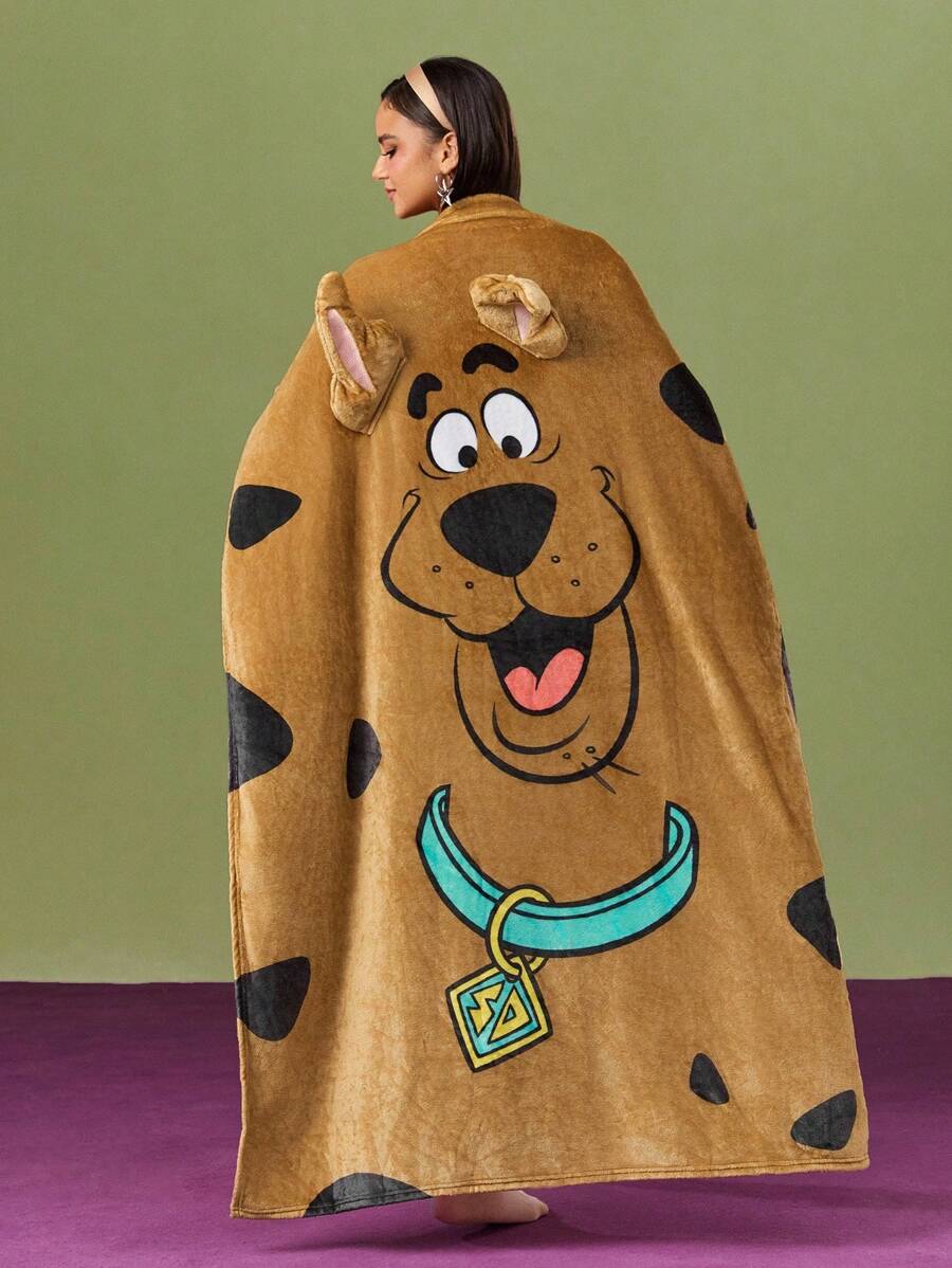 SCOOBY-DOO X SHEIN Manta de cama con decoración de oreja en patrón de dibujos animados 3D, para primavera/invierno - Marrón - Ver 1