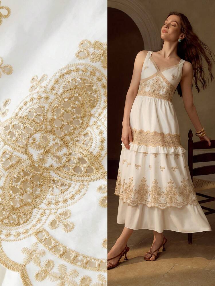 WOMEN'S COTTON EMBROIDERY CONTRAST LACE DRESS, SUMMER VACATION