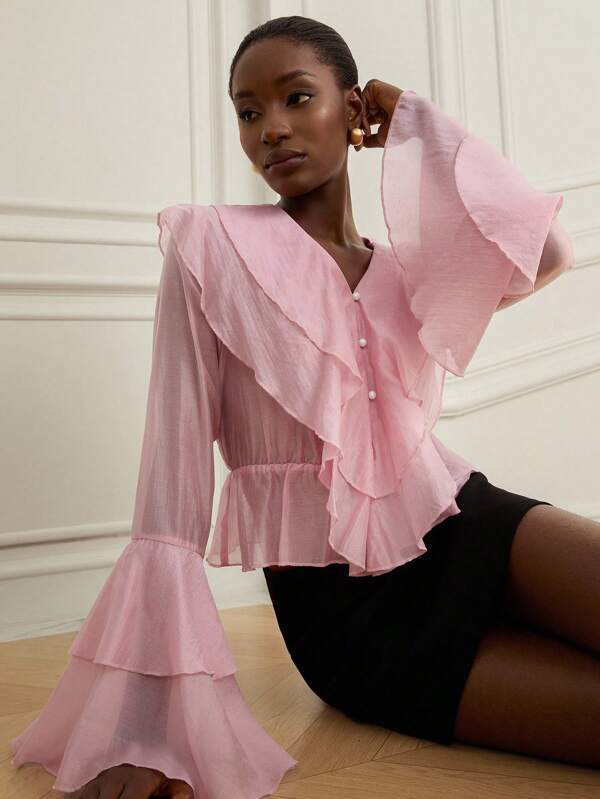 Aveloria Rosie Cardigan din satin lucios, cu volane în straturi, decolteu în V, talie mulată, mâneci clopot, bluză elegantă romantică pentru femei, roz