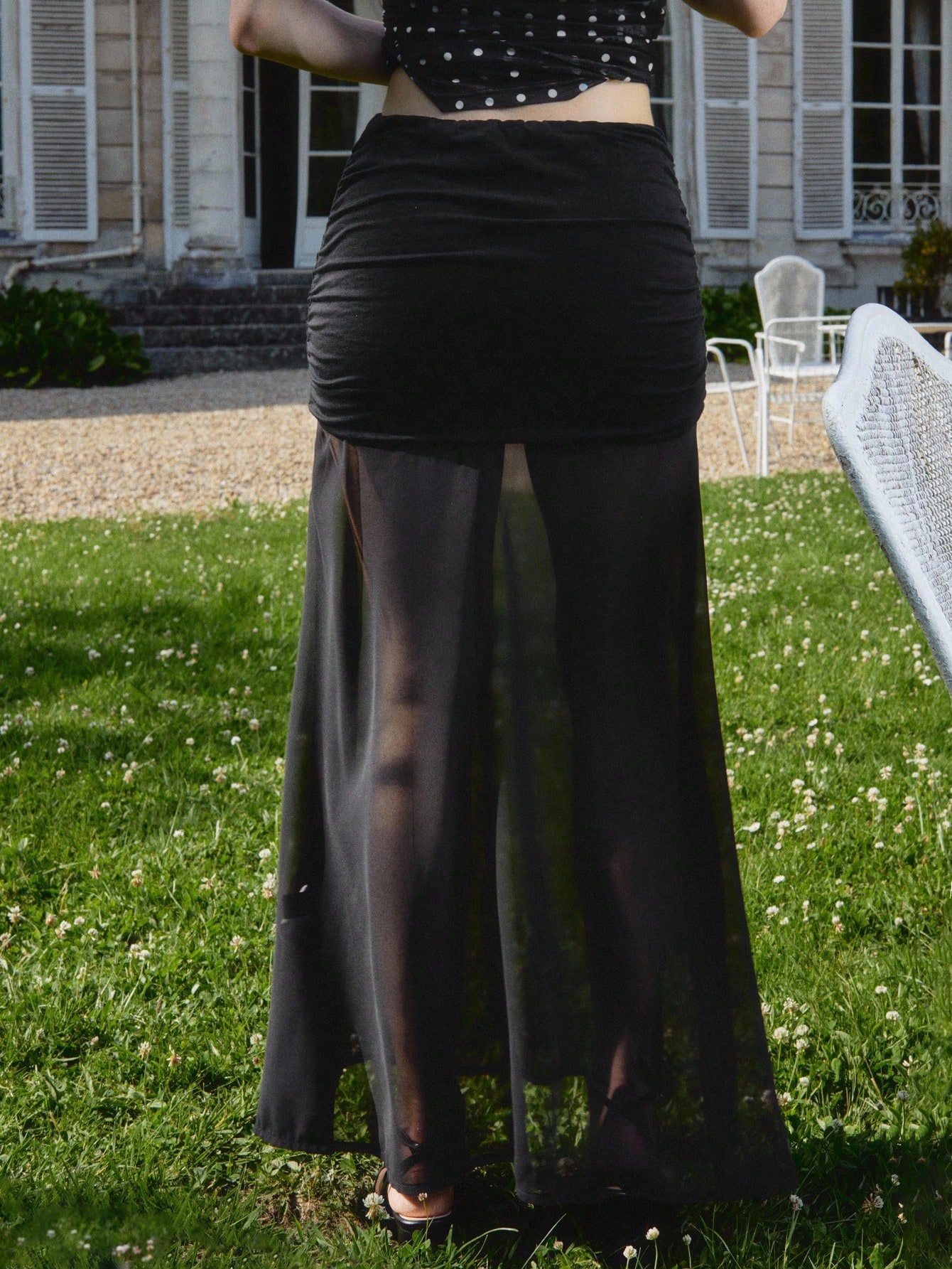 Czarna marszczona bawełniana spódnica midi z prześwitującym dołem z siateczki, spódnica maxi, spódnica gotycka