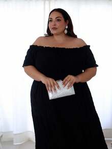 Pretty and Ole 优雅通勤复古简约休闲百搭女士时尚热卖品，荷叶边面料，蝴蝶结装饰，松紧腰身，喇叭下摆设计黑色大码连衣裙，适合春季、夏季、秋季 - 黑色 - 查看 8