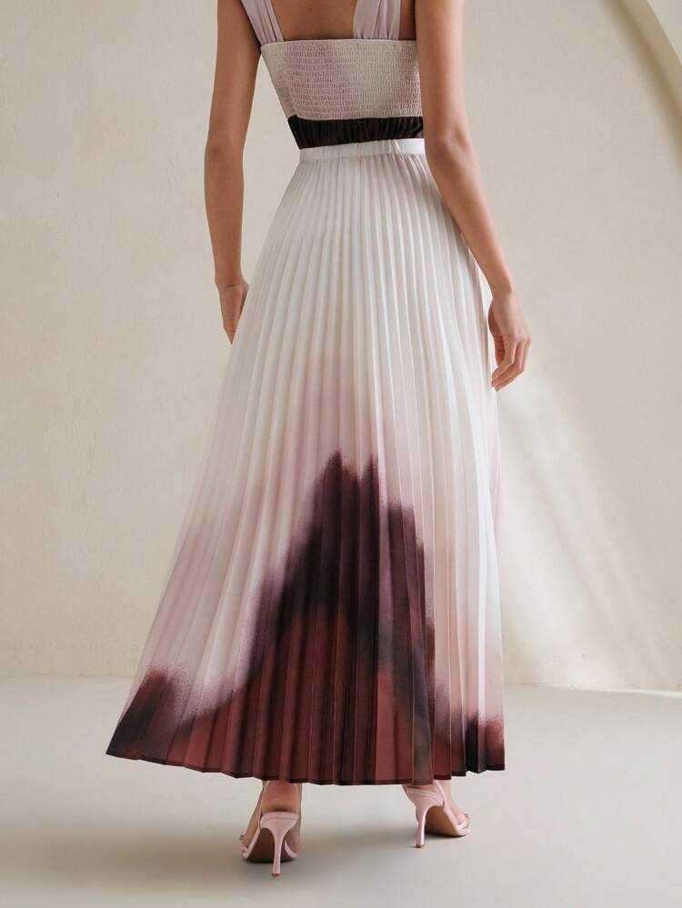 Women's Ombre Print Pleated Flared Skirt, Suitable For Spring/Summer, Holiday