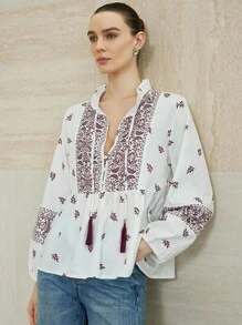 Aveloria Modichic New Summer Women's Casual Tassel Drawstring Lantern Sleeve Printed Vacation Blouse' Fall Cloth For Women - Multicolor - View 1