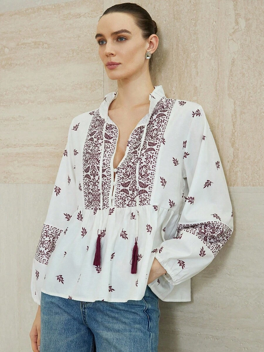 Aveloria Modichic New Summer Women's Casual Tassel Drawstring Lantern Sleeve Printed Vacation Blouse' Fall Cloth For Women - Multicolor - View 1