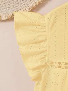 SHEIN Leap Crew TEEN GIRL 黄色纹理镂空针织T恤，宽松休闲度假风上衣 - 黃色 - 查看 7