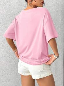 SHEIN Plus Size Women's Round Neck Cherry Pattern Loose Raglan T-Shirt - Pink - View 2