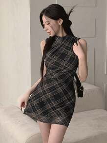 DAZY 女士格子无袖收腰短款连衣裙 夏季女装 - 米色 - 查看 5