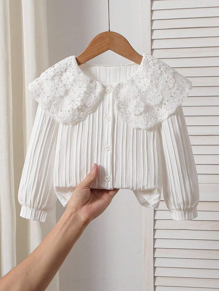 SHEIN 女孩优雅蕾丝边刺绣双层彼得潘领长袖抽绳前扣休闲公主衬衫，适合度假、旅行、派对、生日礼物、春秋、返校秋冬 - 白色 - 查看 1