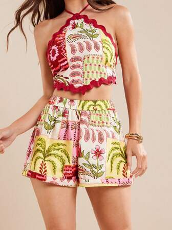 L'Amorae Tropical Print Pull On Spring Summer Vacation Shorts With Wavy Trim Detail