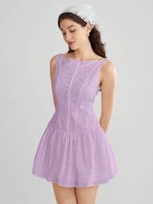 Enchnt Women Laser Cut Embroidery Button Decorated Ruffle Hem Sleeveless Dress - Mauve Purple - View 6