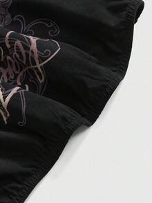 ROMWE Avant Vintage Dragon, Floral & Cloud Waves Print Plus Size Women Bodycon High Slit Lace-Up Bandeau Dress - Black - View 10