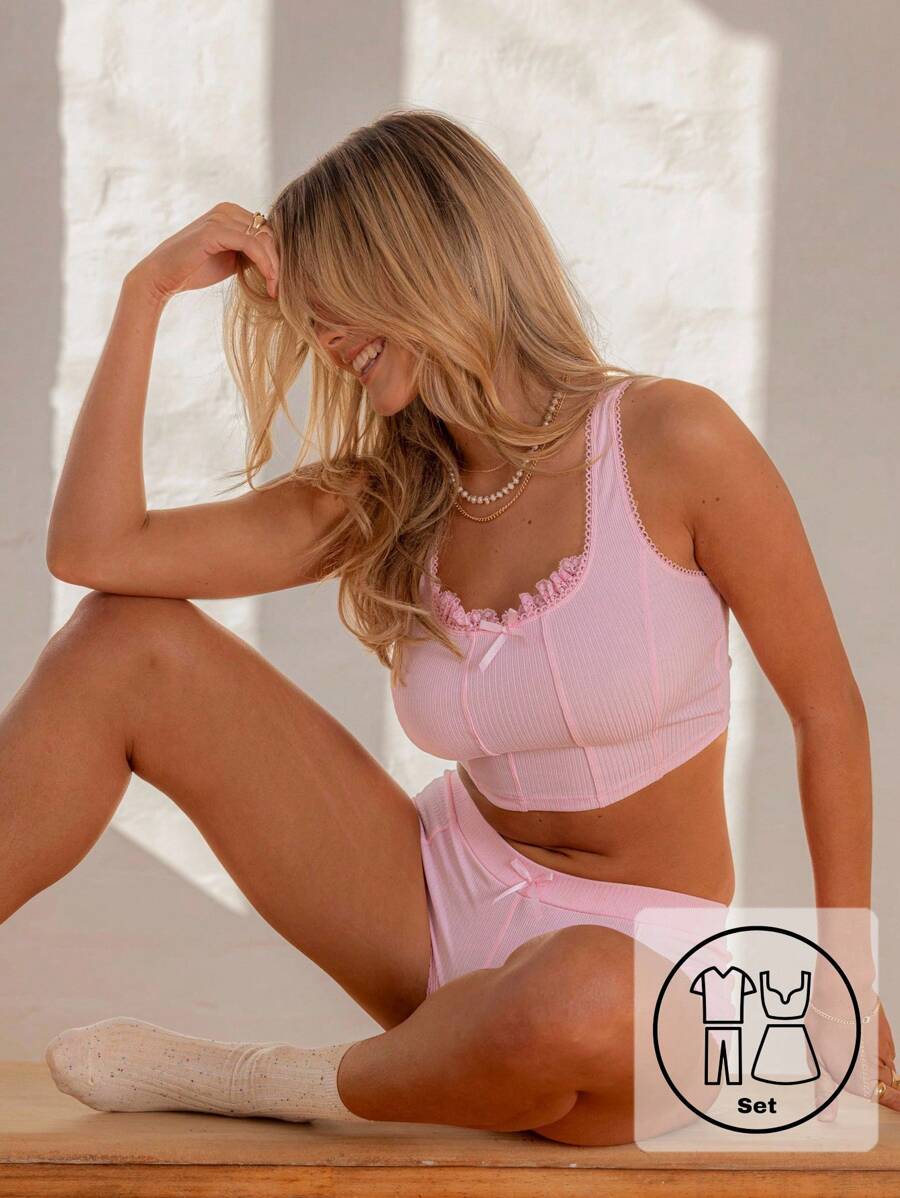 Aralina Women Lace Trim Bow Detail Ribbed Tank And Lounge Boxer Set - Pink - View 1