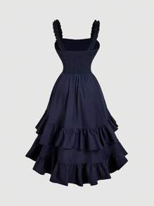 SHEIN MOD Plus Size Apricot Romantic Multi-Layered Vintage Royal-Style Ruffle Hem Ladies Dress,Wedding Guest Dress,Homecoming Dress - Navy Blue - View 2