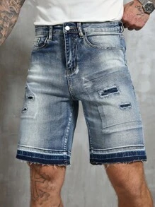 RivetRise Pantalones cortos de mezclilla de verano informales y desgastados con borde crudo para hombres