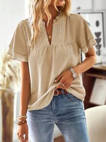 Breezaya 女士夏季简约瑞士波点拼接带衬衫 - 杏色 - 查看 4