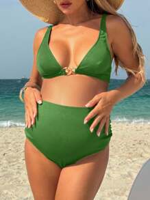 SHEIN Pregnant Women's Simple Solid Color Rib Backless Tie Front Tankini Bikini Set Set, Beach Vacation Style, Summer - Green - View 5