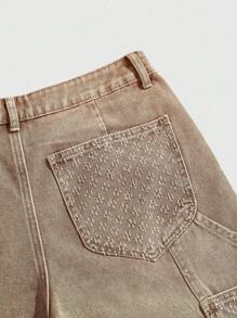 ROMWE MEN Grunge Punk Men's Casual Denim Cargo Shorts - Khaki - View 3