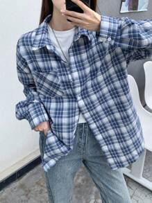 SHEIN Camicia a maniche lunghe casual, oversize, in stile retrò scolastico, blu e bianco, per ragazze adolescenti, in occasione del rientro a scuola