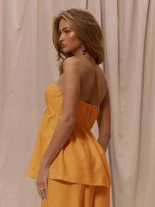 MUSERA 无肩带修身胸部宽松荷叶边无肩带长款上衣（仅限春季度假优雅沙滩装波西米亚浪漫伊比沙亚麻质感外出上衣优雅嘉年华节日夏季复活节 - 橘色 - 查看 3