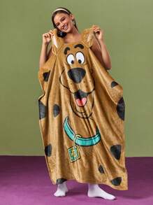 SCOOBY-DOO X SHEIN Manta de cama con decoración de oreja en patrón de dibujos animados 3D, para primavera/invierno - Marrón - Ver 2