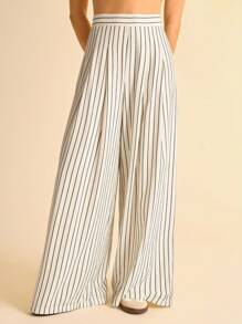 CAJUNI Women's Holiday Beige And Black Striped ,Relaxed Fit Wide Leg Casual Pants, Suitable For Travel And Commute,Pantalones De Mujer,Pantalones,Summer Pants,Bolero,Pantalones Cortos,Pantalones De Vestir Mujeres,Trousers,Pantalón De Vestir,Pantalones Mujer,Pantalón De Vestir Mujer