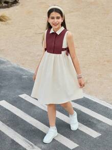 SHEIN 青少年女孩休闲领口无袖拼接系带拼色二合一连衣裙 - 酒紅色 - 查看 2