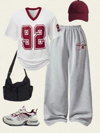 2 Stücke/Set Lässiger sportlicher Mädchen Stil Nr. Grafik V-Ausschnitt Kurzarm Top und weite Hose Anzug