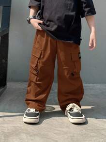 男童休闲百搭字母印花工装裤 - 棕色 - 查看 4