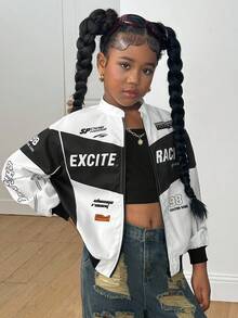 SHEIN Tween Girl Casual Everyday Letter & Graphic Print Loose Fit Zip-Up Jacket Girls Racing Jacket Girls Graphic Jacket Kids Racing Jacket,In Fall/Winter