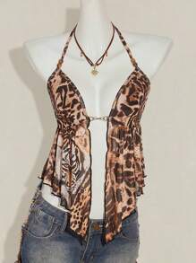 SHEIN ICON Y2K Sexy Tiger Print Halter Tie-Up Cropped Tank Top - Multicolor - View 3