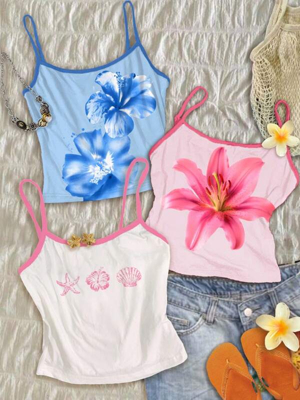 Attitoon 3pcs Casual Vacation Style Chill Vacation Tropical Flower, Hibiscus, Frangipani, Seashell, Beach Theme Pattern Women Spaghetti Strap Sexy Camisole Tops, Suitable For Summer Holiday