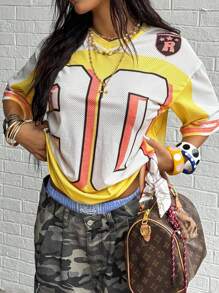 StreetHx 女士夏季休闲网眼拼接印花T恤 - 彩色 - 查看 3