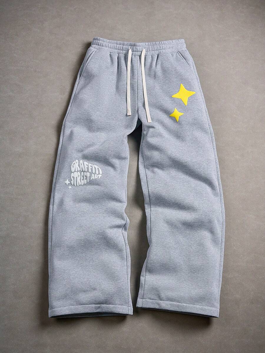 Manfinity EMRG 男士街头，INS搭配高街嘻哈泡泡印花宽松灰色直筒运动裤，适合四季搭配，街头朋克摇滚滑板，适合各种聚会和日常搭配，摄影利器，男友老公礼物，街头，Y2K，灰色运动裤，街头艺术运动裤，明星运动裤 - 灰色 - 查看 1