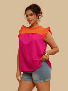 SHEIN VCAY Plus Size Boho Two Tone Ruffle Trim Frill Neck Blouse, For Summer - Multicolor - View 4