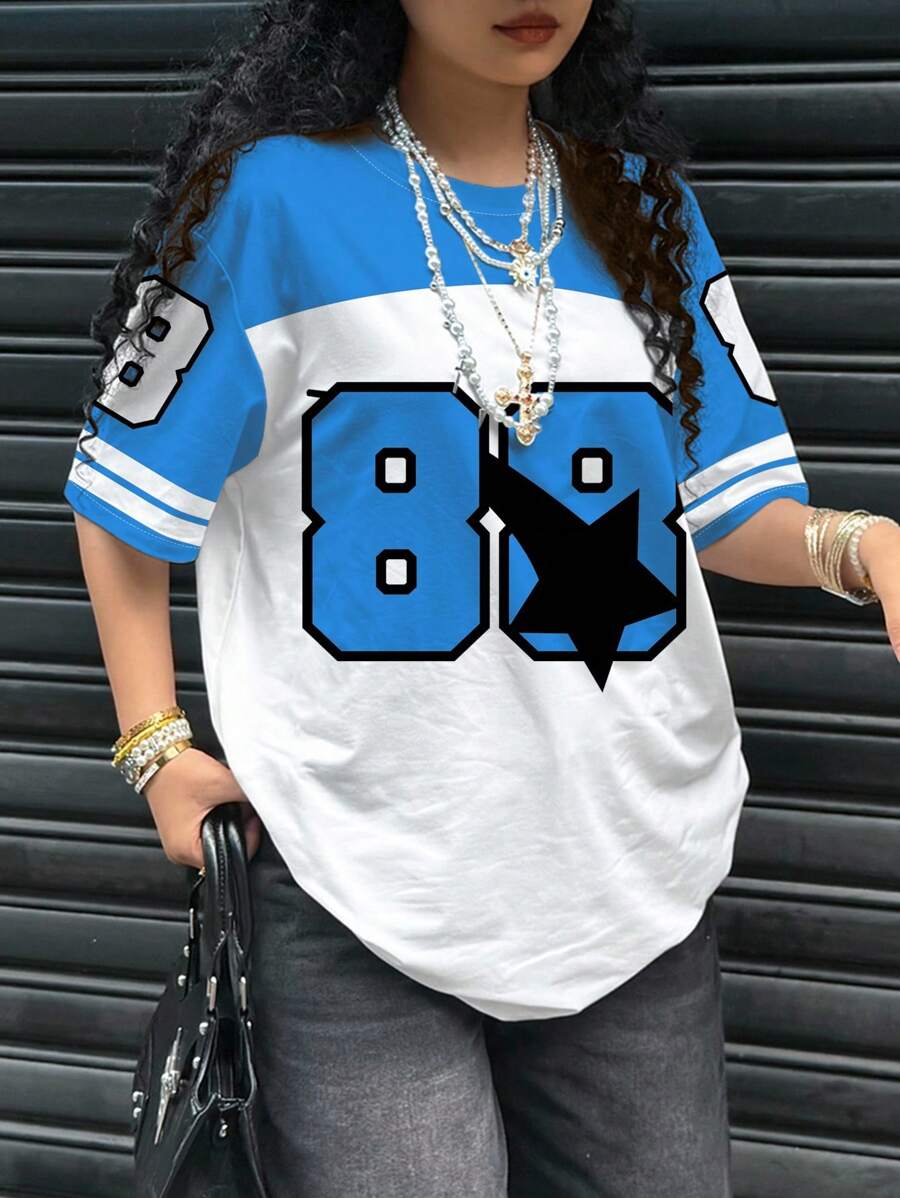 88号字母印花女式T恤，夏季运动休闲时尚上衣 - 彩色 - 查看 1