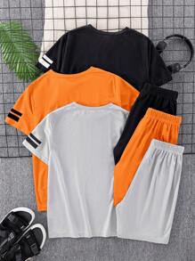 SHEIN 6pcs/Set Teen Boys Casual Short Sleeve T-Shirt & Shorts Set, Sports Outfit, Street, Punk Rock, School Style, Suitable For Spring/Summer, Daily Wear, Party, Music Festival, Blue, Black, Gray