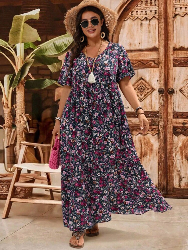 Plus Size Women V-Neck Plus Size Long Floral Print Vacation Dress, Summer Boho Summer Dress Women Peasant Dress Wildflower Dress Ditsy Floral Dress