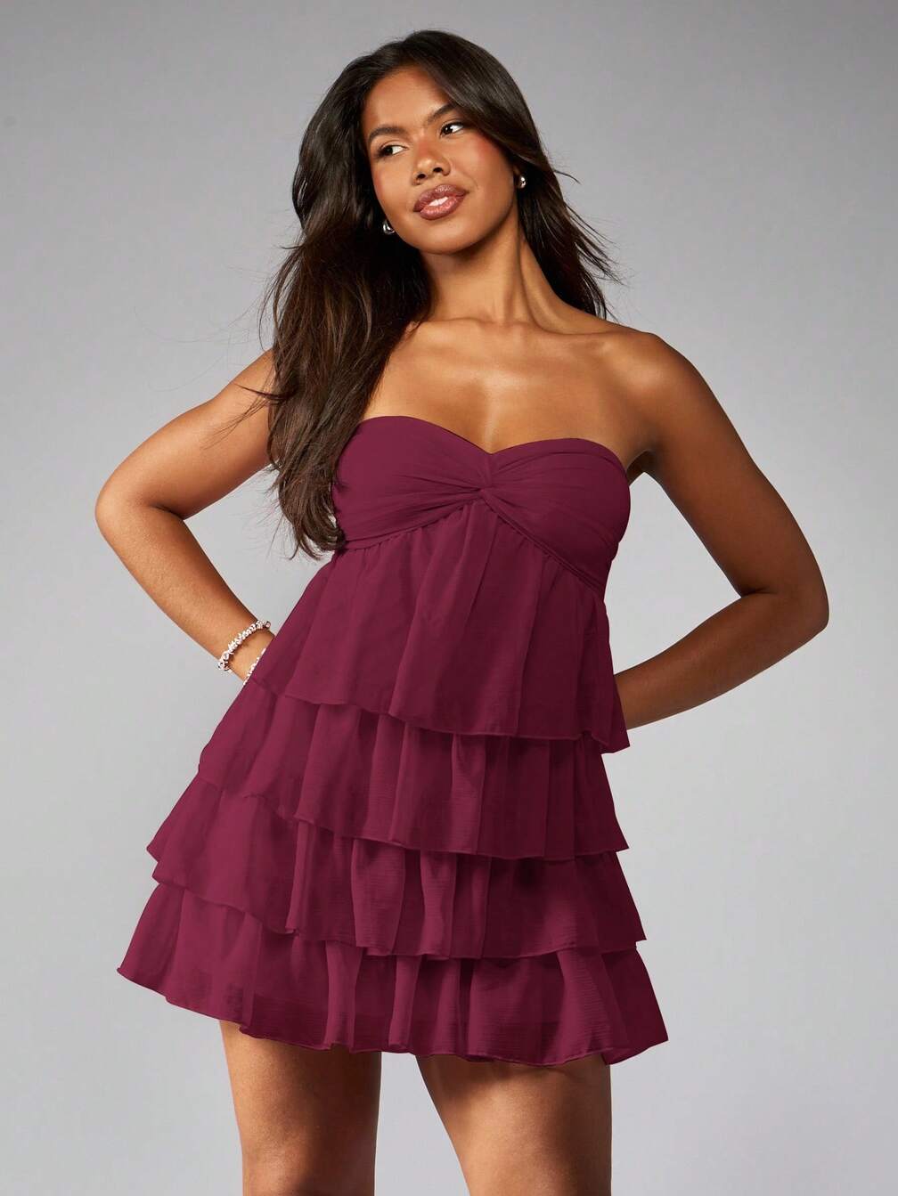 empire waist christmas dress MISSGUIDED Strapless Mini Tiered Ruffle Party Wedding Guest Bridesmaid Twist Front Waist,L 59cm/23.23 inch M